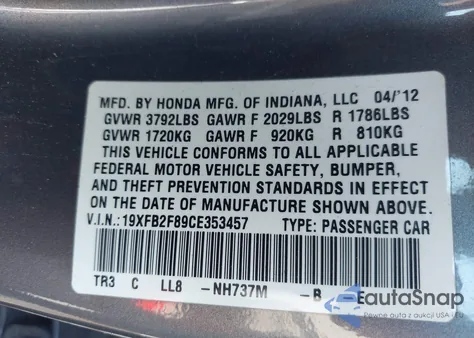 2012 Honda Civic Ex from USA, damaged, VIN 19XFB2F89CE353457